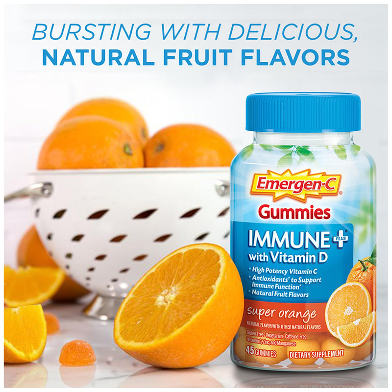 Emergen-C Immune+ Immune Gummies, Vitamin D plus 750 mg Vitamin C, Immune Support Dietary Supplement, Caffeine Free, Gluten Free, Super Orange Flavor - 45 Count - BeesActive Australia