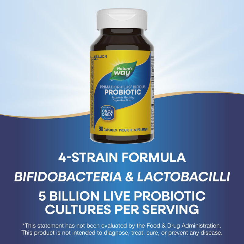 Nature's Way Primadophilus Bifidus Probiotic, Supports Digestive Flora*, 5 Billion Live Probiotic Cultures per Capsule, Lactobacilli, Bifidobacteria, 90 Capsules (Packaging May Vary) 90 Count (Pack of 1)