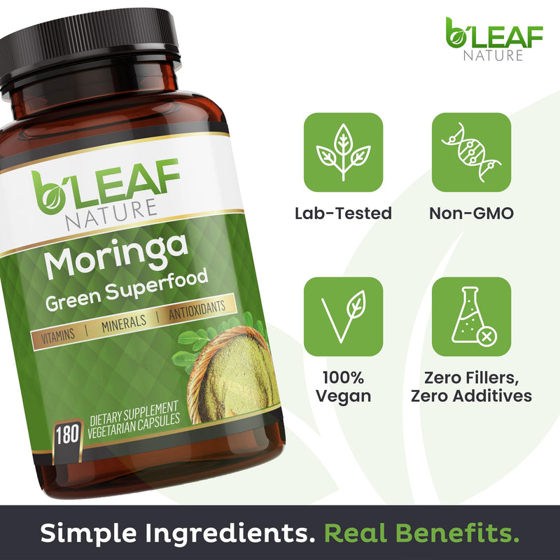 B'LEAF NATURE Moringa Leaf Vegan Capsules 1000mg Serving, 180 Count | Pure Moringa Oleifera Leaf Powder, Energy & Immune Support, Non-GMO Gluten Free Vegan, Superfood 180 Count (Pack of 1)