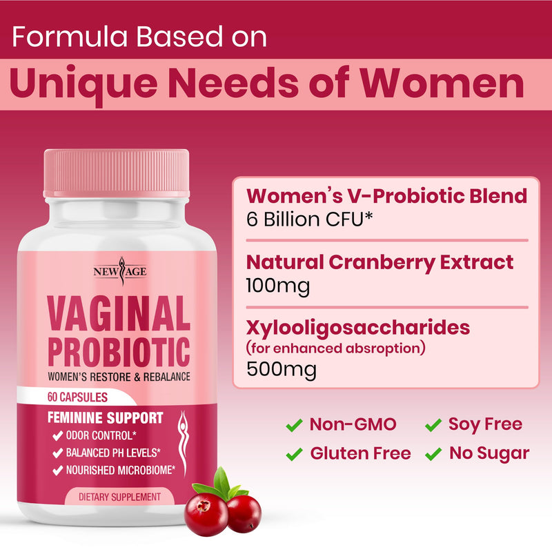NEW AGE Vaginal Probiotics for Women with Prebiotics, Cranberry Extract, and a Lactobacillus Probiotic Blend, Supports Healthy pH Balance, Odor Control, Vaginal Flora - 60 Capsules 60 Capsules (Pack of 1)