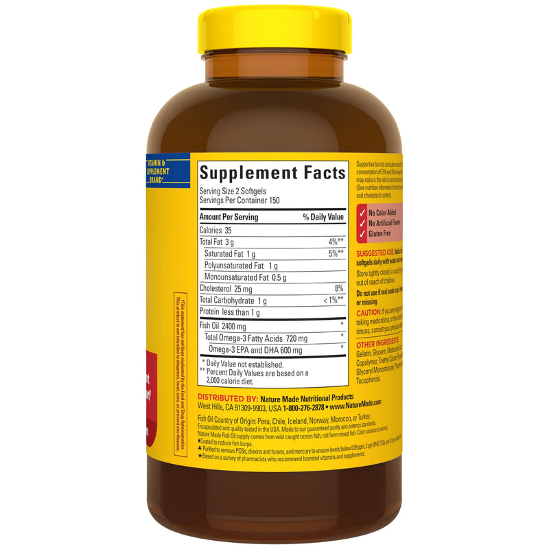 Nature Made Burp Less Fish Oil Omega 3, 1200 mg Softgels, 300 Softgels | EPA DHA Omega 3 Fish Oil Supplements for Healthy Heart Support, 150 Day Supply 300 Count (Pack of 1)