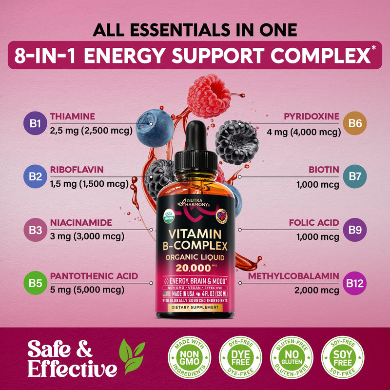 USDA Organic Vitamin B-Complex 20000mcg - B5, B12, B1, B6, B7, B9, B3 - 4Oz | B Complex Liquid Drops - Pantothenic Acid, Methylcobalamin, Thiamine, Pyridoxine, Biotin, Folic, Niacinamide - Berry Flavor B-Complex 4oz