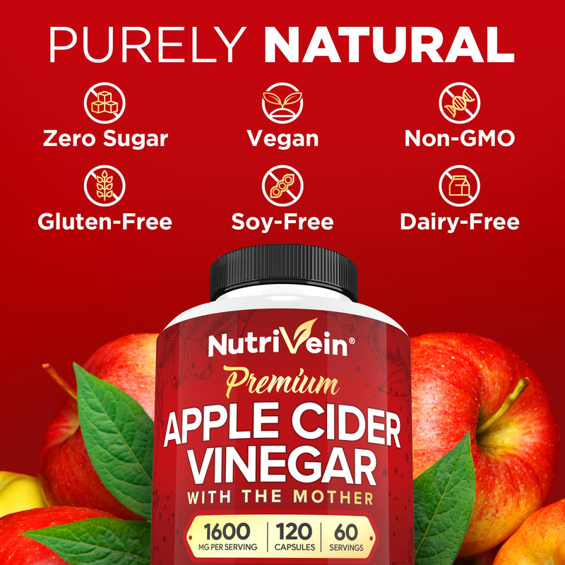Nutrivein Premium Apple Cider Vinegar Supplements - 1600 mg - 120 Caps 120 Count (Pack of 1)