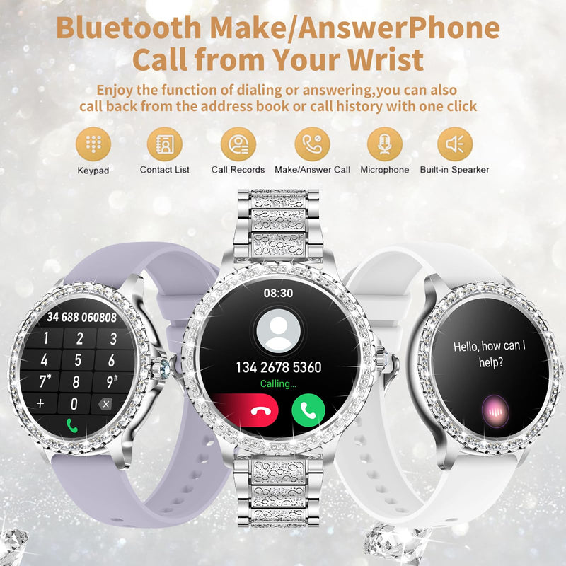 Smart Watch for Women with Diamonds (Answer/Make Call),1.32''Full Screen Smart Watch for Android /iOS,Fitness Tracker with Heart Rate/Blood Oxygen/Sleep Monitor/AI Voice Watches for Women,3 Straps Silver