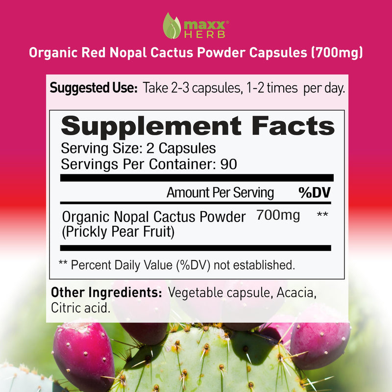 Red Nopal Cactus Capsules - Organic Prickly Pear Fiber, Vitamins, Antioxidant, Metabolic Support, No Added Sugar, Non-GMO, Gluten Free (180 Veggie Capsules)