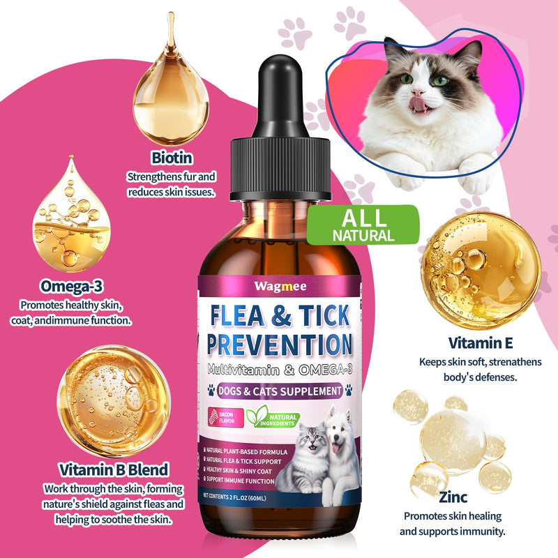 Flea and Tick Prevention for Dog and Cat, Natural Oral Flea & Tick Itch Relief Support Drops with Multivitamin for Pets - Supports Healthy Skin & Coat - Oral Supplement for All Breeds & Ages