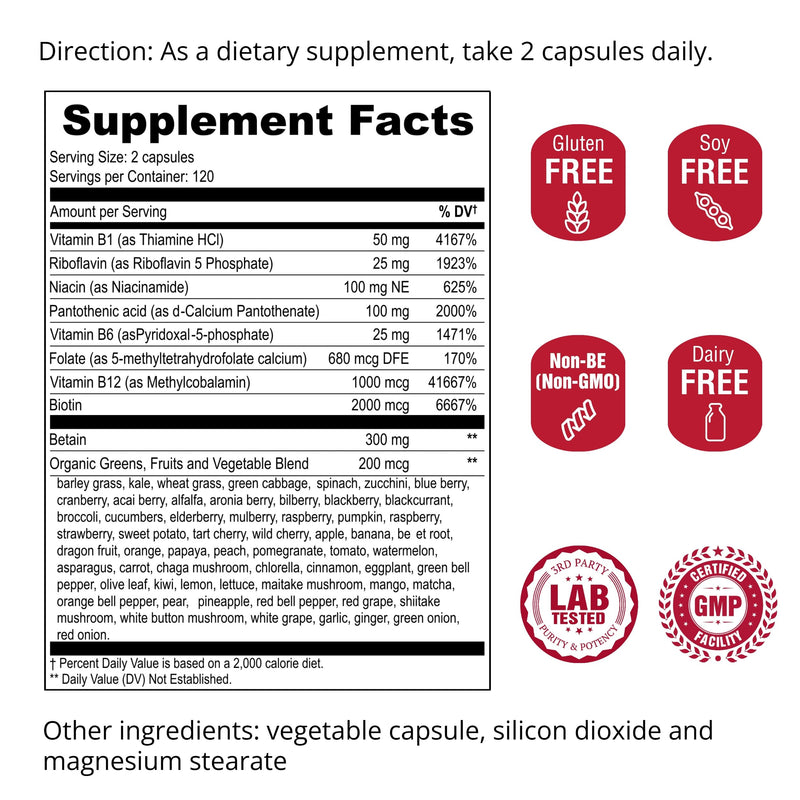 UpNourish Methylated B Complex Vitamins for Women and Men, 240 Veggies Capsules - Active Pure B Complex with Organic Fruits, Vegetables, B1 Thiamine, B2 Riboflavin, B3 Niacin, Folate, Methylcobalamin