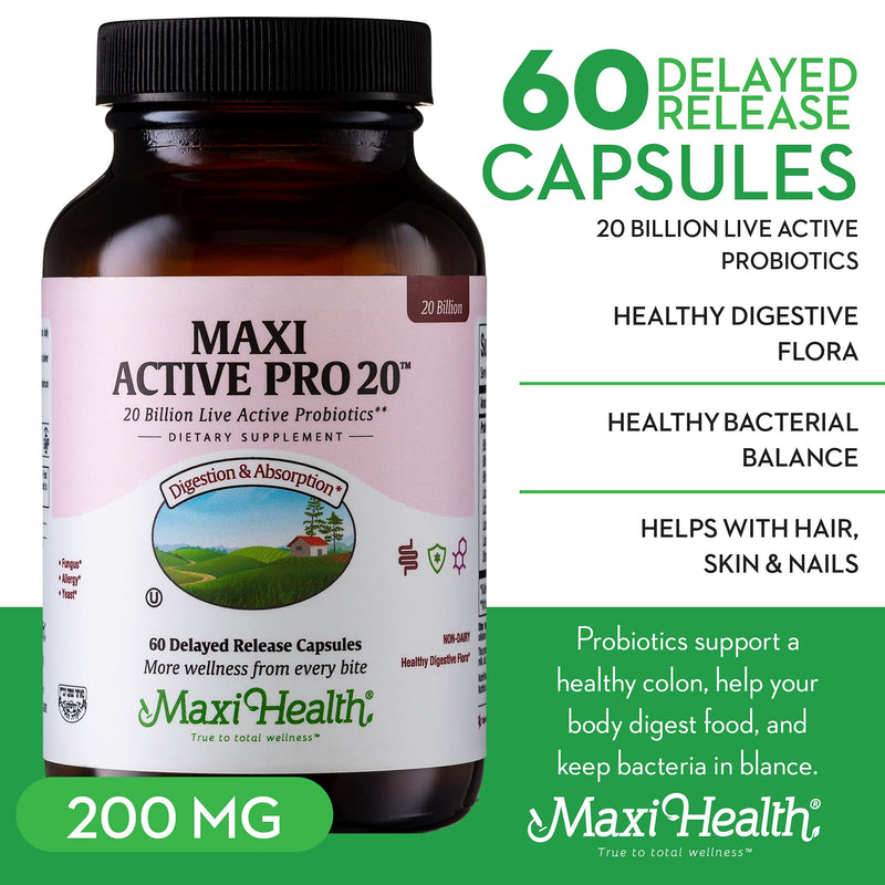 Maxi Health Probiotics for Digestive Health and Gut – 15 Strains, 20 Billion CFU Active Organisms - Probiotics for Men and Women – Daily Probiotic for Digestive Support, 60 Capsules | Kosher | Probiotics for Women & Men | 15 Strains · 20 Billion CFU | ...
