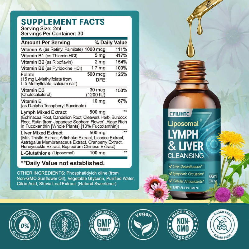 Liposomal Lymphatic Drainage Drops - 21 in 1 Liver Cleanse Detox & Repair with Milk Thistle, Echinacea, Burdock Root, Liposomal Glutathione, Vitamin Complex ''Lymph-Liver'' Gut & Metabolic Health Unflavoured 2 Fl Oz (Pack of 1)