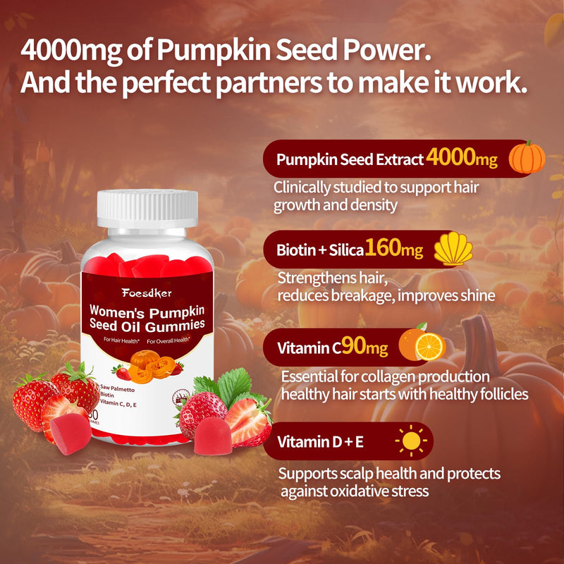 4000mg Pumpkin Seed Oil Gummies with Saw Palmetto,Strawberry Flavor | Pumpkin Seed Oil Gummies with Saw Palmetto,Biotin,Vitamin C, D, E ,for Hair & Skin & Daily Overall Health