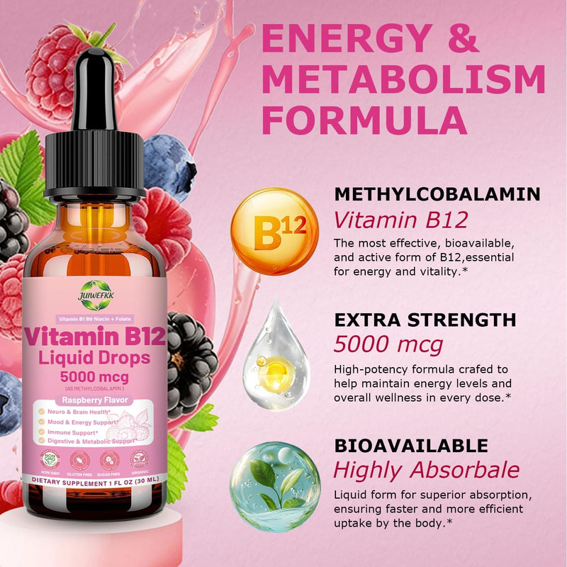 2Pack Liquid Vitamin B12 Drops 5000 mcg Extra Strength B12 Methylcobalamin | with B1 B6 B3 Folate Niacin -Fast Absorption Sublingual B-12 Drops for Energy Metabolism & Brain Function, Vegan B Complex Raspberry 1 Fl Oz (Pack of 2)