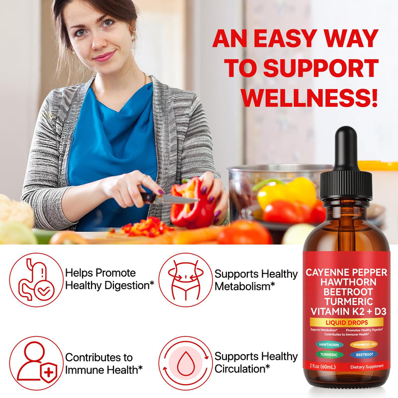Cayenne Pepper Drops, Cayenne Pepper Hawthorn Beet Root Turmeric Vitamin K2 & D3 Liquid Supplements, Includes Hawthorn, Beet Root & Turmeric, 60ML