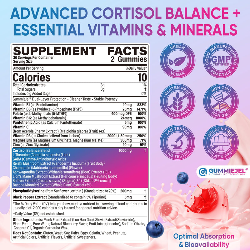 Cortisol Gummies for Women & Men, 19-IN-1 High Cortisol Reducer Supplement w/B Vitamins, Magnesium Glycinate, Ashwagandha, Saffron, Lion's Mane, Reshi for Relaxation, Focus & Balance Support, 2 Packs 60 Count (Pack of 2)
