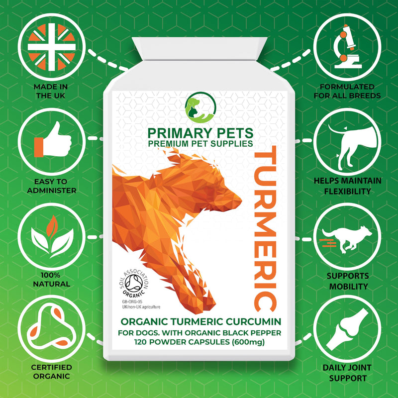 Primary Pets Premium Pet Supplies - Organic Turmeric Capsules for Dogs, 120 x 600mg, Curcumin and Black Pepper Supplement, Supports Joint Health, Mobility and Wellness, Made with Turmeric Powder 120 Powder Capsules