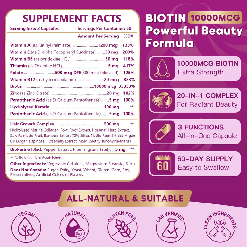 NATURE TARGET Biotin 10,000 mcg Hair Growth Vitamins 120 Veggie Capsules | With Collagen & Keratin, Fo-Ti, MSM, Zinc & B Vitamins; Supports Thicker, Stronger Hair, Skin & Nails 120 Count (Pack of 1)