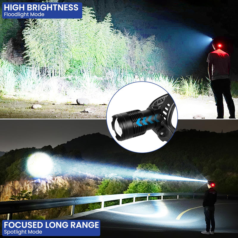 LED Headlamp Rechargeable 2Pack, 99000 Lumens Bright Head Lamp, 90° Adjustable Head Lights for Forehead with 3 Modes, Long Runtime & Waterproof Headlamps for Adults Camping Hiking 2