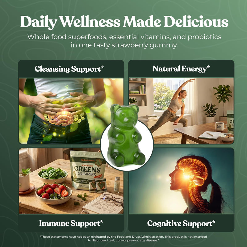O H Optimal Human Adult Green Gummies, Superfood Greens & Probiotics, 30 Ct | Adult super greens gummies with a 4-strain paraprobiotic for daily greens, fruits & gut support, no powder needed