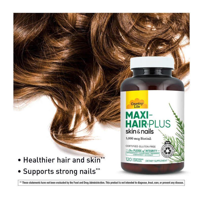 Country Life Maxi-Hair Plus 5,000 mcg Biotin, 120 Capsules | 1,200 mg Maxi Blend with MSM, L-methionine, L-cysteine and horsetail extract; 30 servings