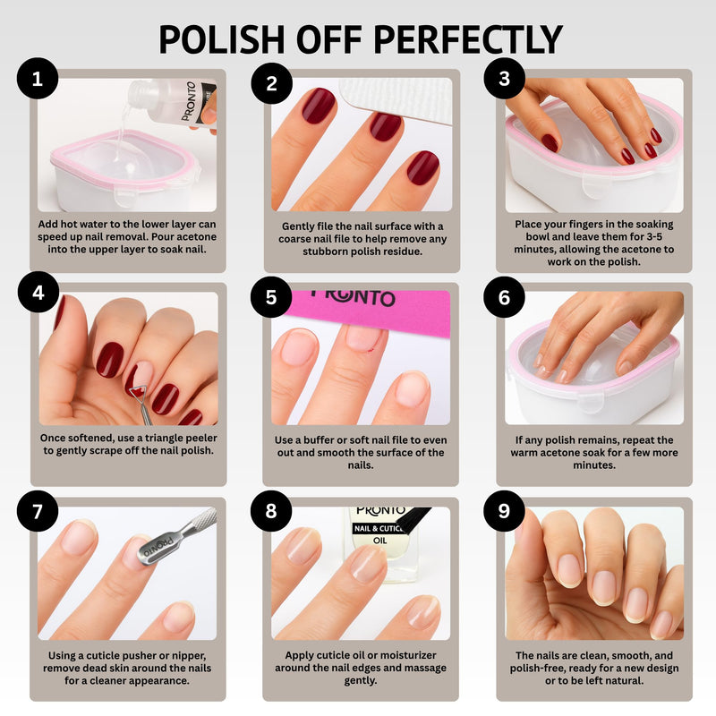 Pronto Gel Nail Polish Remover Kit – 8 Oz Pure Acetone 100 Percent, Nail File, Nail Polish Soak Off Bowl, Cuticle Oil for Nail Care + Manicure Set with Nail Buffer Block, Cuticle Pusher & Nail scraper 8 Fl Oz + Kit Bowl