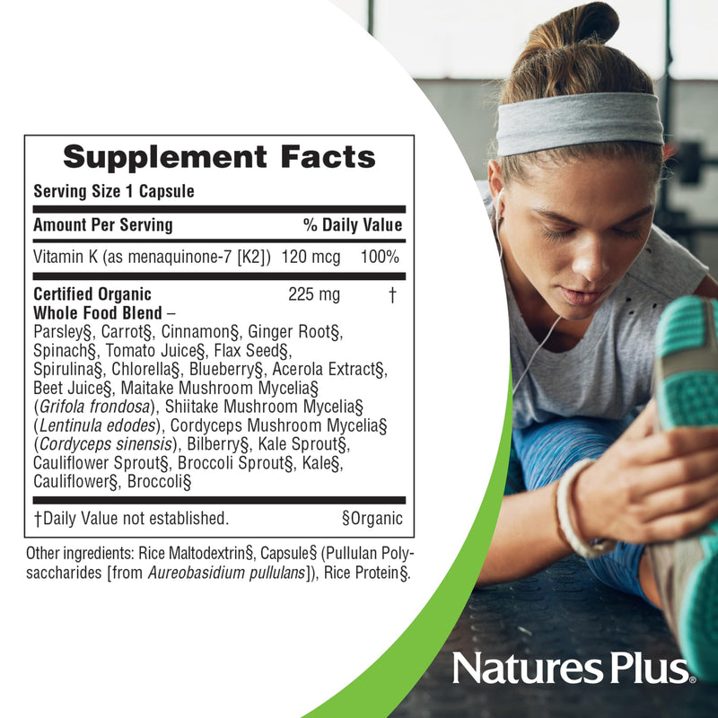NaturesPlus Source of Life Garden Vitamin K2 - 60 Capsules, Pack of 2 - Supports Healthy Bones - USDA Certified Organic, Non-GMO, Vegan, Gluten Free - 120 Total Servings 60 Count (Pack of 2)
