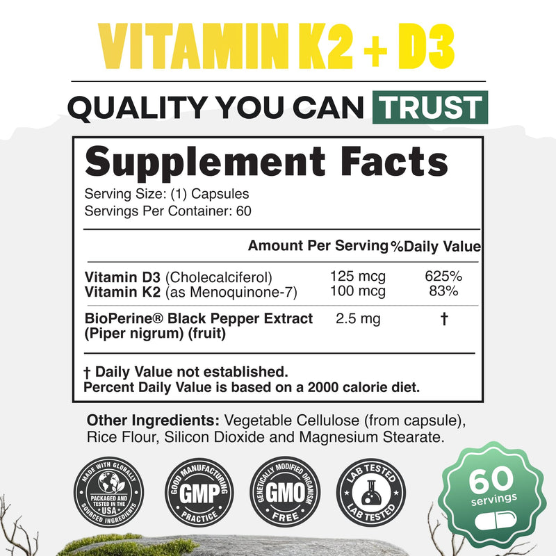 Wild Foods Vitamin D3 + K2 5000iu (100mcg MK7), Bone & Heart Health, 60 Ct | With Black Pepper Extract for Absorption, Plant-Based, Non-GMO, Soy & Gluten-Free, Worldwide Sourced 60 Count (Pack of 1)