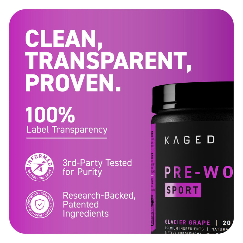 Kaged Sport Pre Workout Powder for Men & Women, Glacier Grape, Sport Certified, 188mg Caffeine, Nitric Oxide Supplement, Beta Alanine for Energy, Weightlifting, Cardio Endurance, Strength, 20 Servings
