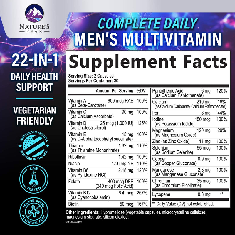 Men's Multivitamins Supplement - Complete Daily Multivitamin for Men with Vitamin B12, A, C, D, E, Zinc, Calcium, Iron, Folate - Immune Health & Energy Support - High Potency & Non-GMO - 60 Capsules 60 Count (Pack of 1)