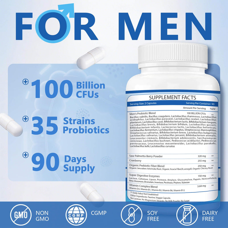 ZEBORA Probiotics for Men, Gut Health, 100 Billion CFU, 180 Capsules | With Prebiotics, Enzymes, Saw Palmetto, and Cranberry, Daily Mens Probiotic Supplement for Digestive and Gut Health 180 Count (Pack of 1)