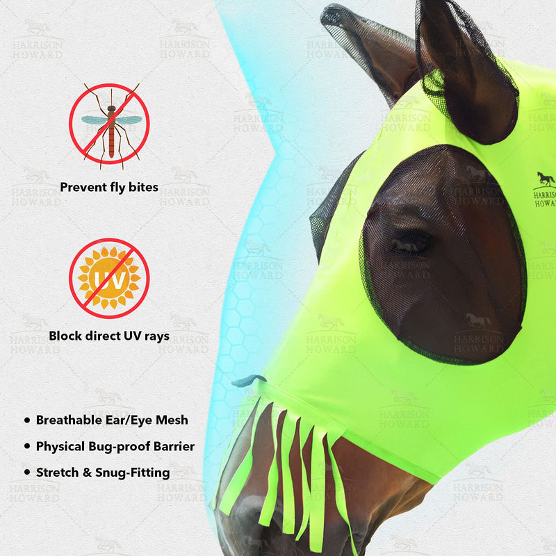Harrison Howard Superior Comfort Breathable Fly Masks Soft on Skin with Tassels Natural Nose Swatter Full Size (Large) Tassel Fringe-Fluro-Lime - BeesActive Australia