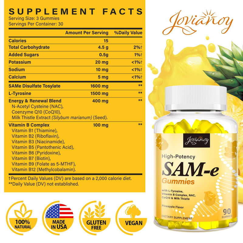 Jovianoy SAM-e Gummies with L-Tyrosine, Vitamin B Complex & NAC, CoQ10, High-Potency SAM-e Supplement - Pineapple Flavor, for Mood, Joint, Cognitive & Liver Detox, Vegan Friendly, 180 Gummies 90 Count (Pack of 2)