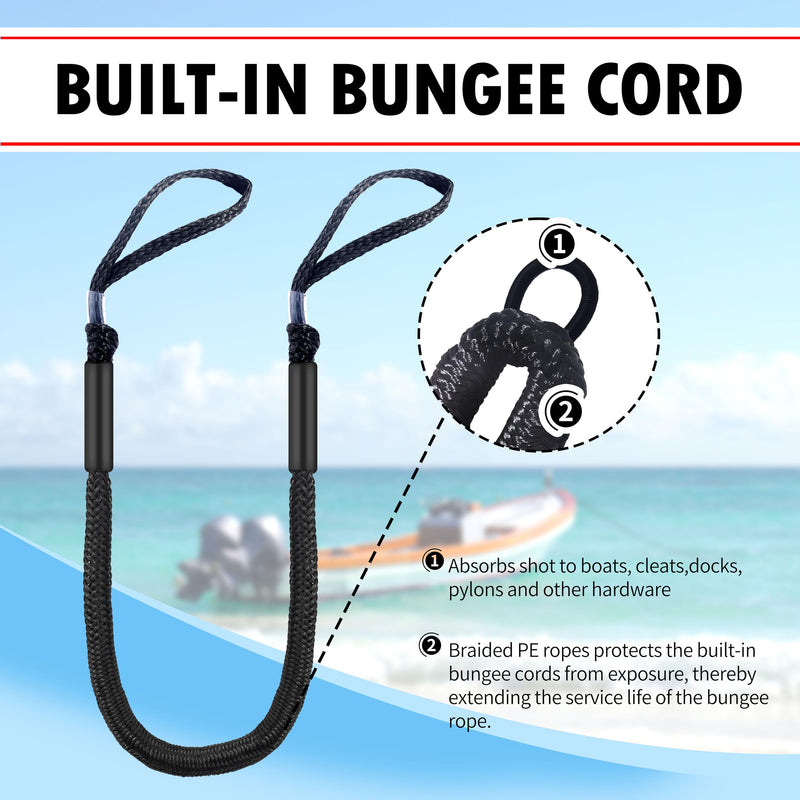 Marine Bungee Dock Lines for Boat 4-Pack, Braided Rope with Loops, Boat Tie Down for Dock, (4ft Black)