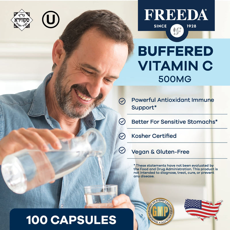 FREEDA Buffered Vitamin C 500mg for Immune Support – 100 Capsules | Includes 50mg Calcium – Supports Immune Health & Antioxidant Defense – Gentle on Stomachs, Kosher, Vegan, & Made in USA 100 Count (Pack of 1)