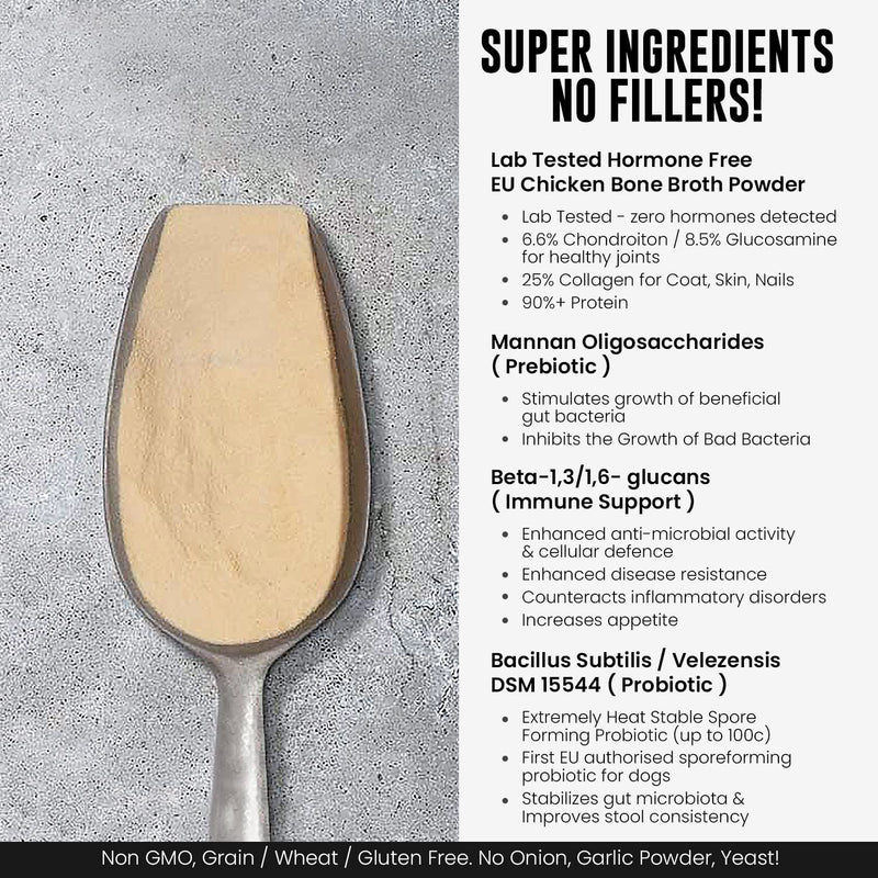 Super Cal Chicken Bone Broth for Dogs with 5 Active Ingredients – Probiotics, Prebiotics, Joint Support – Dog Gravy Granules - 60 Servings (300g)