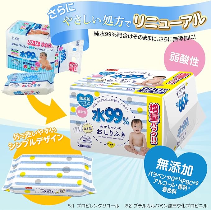 Pure Water Baby Care, 99% Pure Water, Wipes, 80 Sheets x 12 Pieces (960 Sheets), Weak Acid, Made in Japan - BeesActive Australia