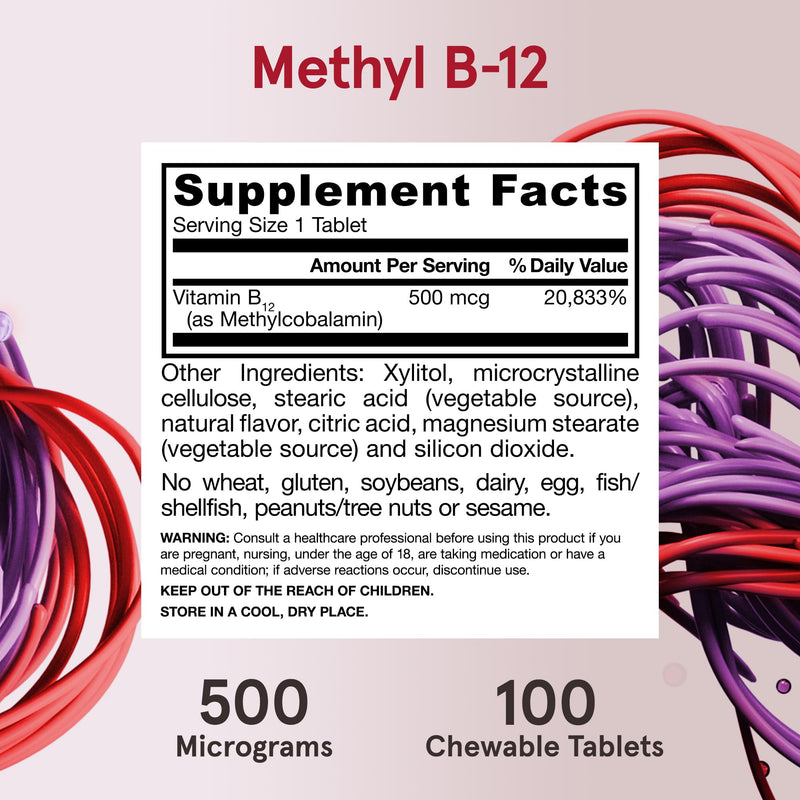 Jarrow Methyl B-12 Chewable Tablets 500 mg, Vitamin B12 Supplements, 100 Ct | Dietary Supplement for Cellular Energy Production and Brain Health Support, Cherry Flavor Chewable Tablets, 100 Day Supply 100 Count (Pack of 1)