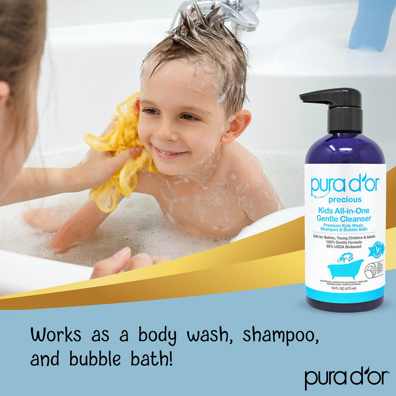 PURA D'OR 16 Oz Kids Wash - All-in-One Gentle Cleanser - USDA Biobased, Sulfate-Free, Tear-Less, Hypoallergenic, Premium, Shampoo & Bubble Bath 16 Fl Oz (Pack of 1) - BeesActive Australia
