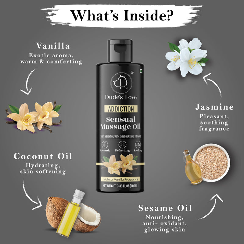 Organic - Sensual Delights -Vanilla Massage Oil - No Stain & Non-Sticky | with Fractionated Coconut Oil, Natural Vanilla & Jasmine | Nourish & Moisturise Skin for Date Night ADDICTION - VANILLA 3.38 Fl Oz (Pack of 1) - BeesActive Australia