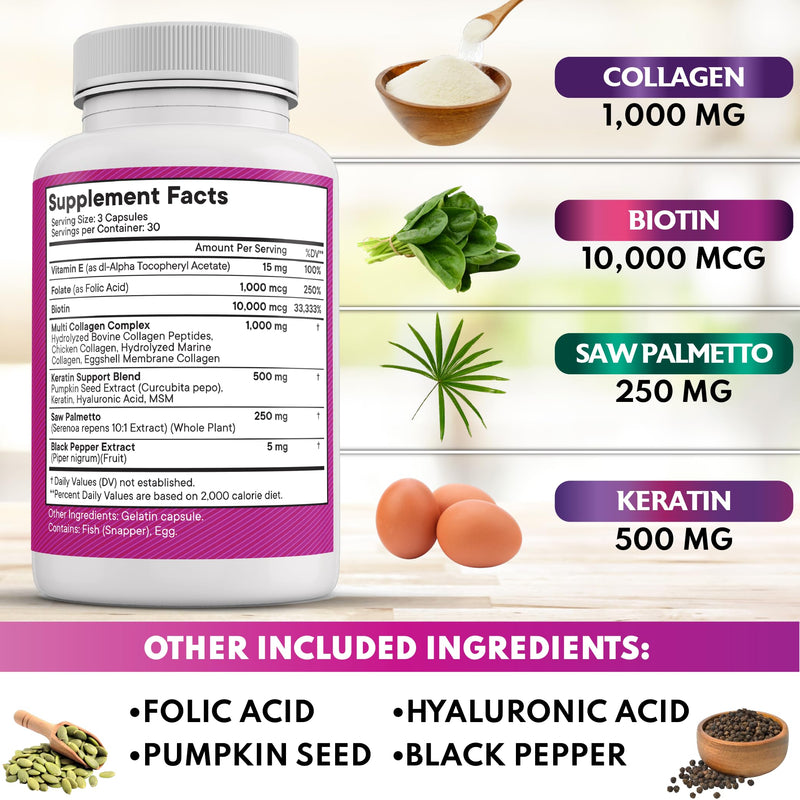 NEW AGE Collagen Pills Biotin Keratin Saw Palmetto Hyaluronic Acid - Hair Skin and Nails Vitamins and DHT Blocker with Vitamin E Folic Acid Pumpkin Seed MSM- 90 Count 90 Count (Pack of 1)