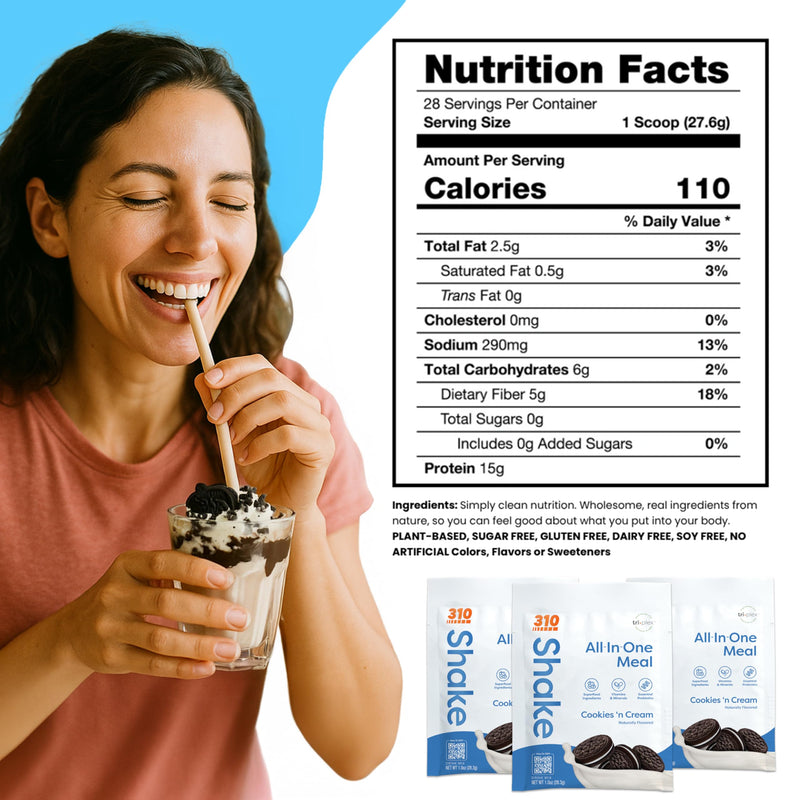 310 Nutrition All-in-One Meal Replacement Shake Powder w/Shaker Cup Starter Kit - High Protein Fiber Rich Vegan Superfood Blend - Sugar-Free, Keto & Paleo Friendly, Low Carb - Cookies N Cream 9 ct 1 Ounce (Pack of 1) - BeesActive Australia