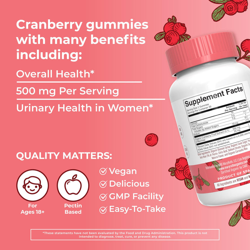 MaryRuth Organics Organic Cranberry Gummies - 500mg Supplement | Urinary Tract Health for Women | with D Mannose | Traditional Use | USDA Organic | Vegan | Non GMO | 30 Servings 60 Count (Pack of 1) - BeesActive Australia
