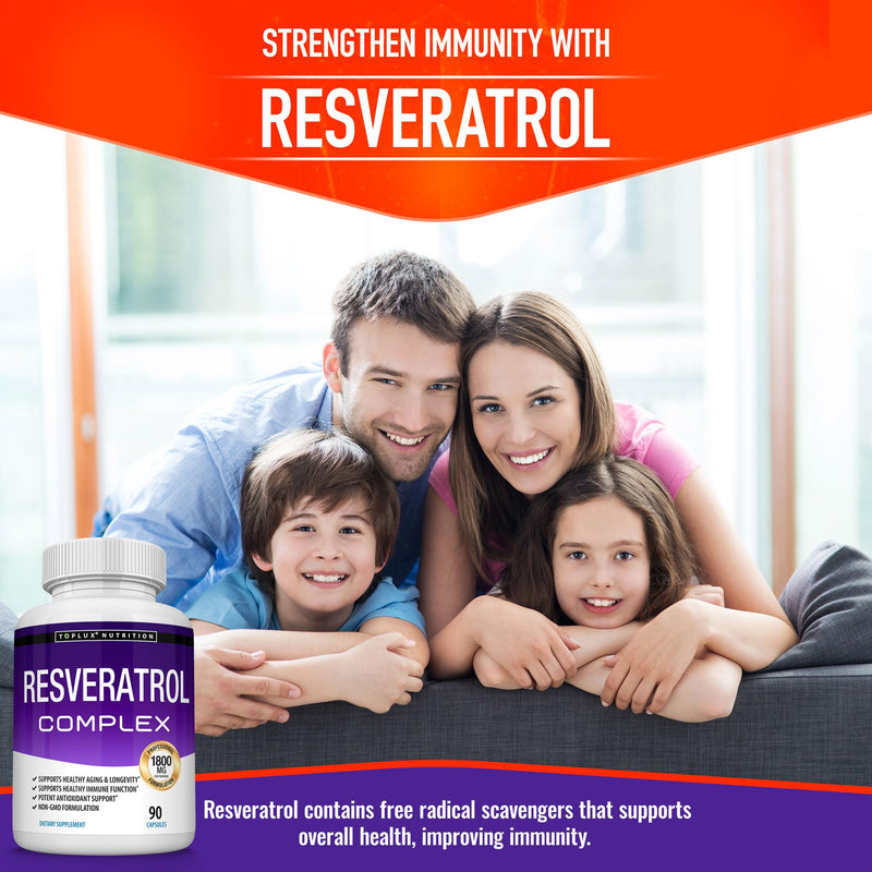 Resveratrol Supplement 1800 mg Antioxidant Complex - Highly Potent Natural Trans-Resveratrol Pills for Healthy Aging, Overall Health Support, Immune System, Brain Function, for Men Women, 90 Capsules 90 Count (Pack of 1)