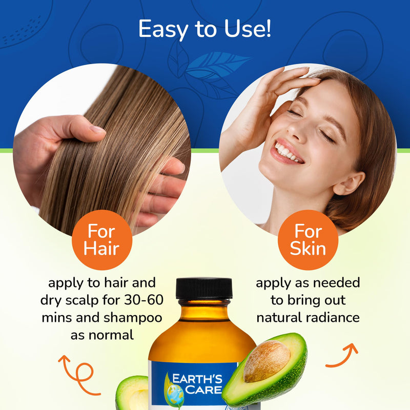 Earth’s Care Avocado Oil - Avocado Oil for Hair and Skin with Vitamin E, Glass Bottle, 8 FL. OZ. 8 Fl Oz (Pack of 1)