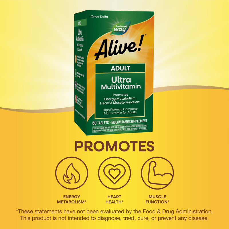 Nature's Way Alive! Adult Ultra Multivitamins, High Potency, 60 ct | Promotes Cellular Energy Metabolism*, Heart & Muscle Function*, B-Vitamins Including Methylated B12, Gluten-Free