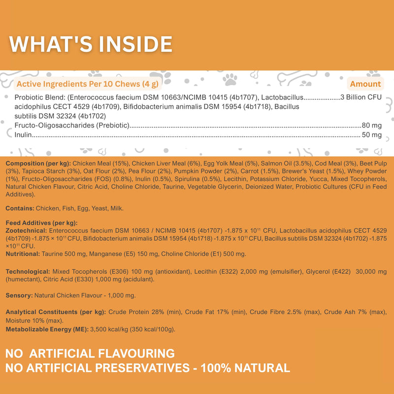 Probiotics for Cats UK - Crunchy & Creamy Cat Treats with 3 Billion CFU, Pumpkin & Salmon Oil - Supports Gut Health, Diarrhea Relief & Immune Support - Cat Probiotics Chews Chicken Flavour