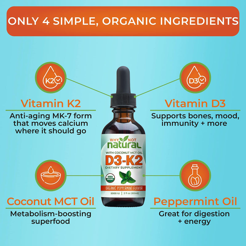 Why Not Natural Organic Vitamin D3 K2 (MK-7) Liquid Drops, 5000 IU of sublingual D3 with Coconut MCT Oil, for Strong Bones and Teeth, Heart and Immune Support - BeesActive Australia