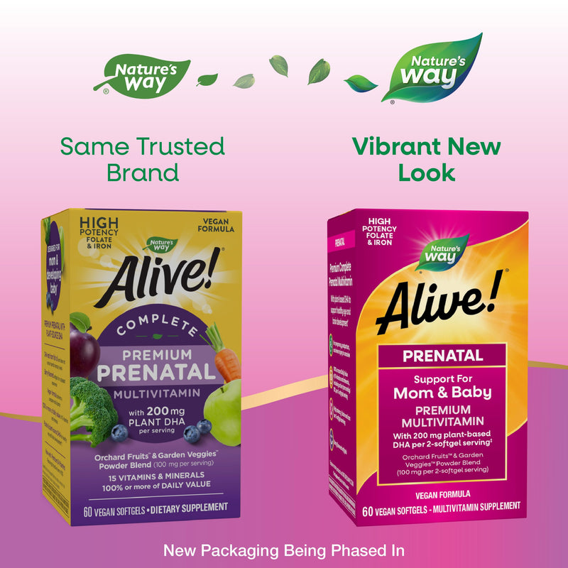 Nature's Way Alive! Prenatal Multivitamin Softgels for Women, 60 ct | 100% or More Daily Value of 15 Vitamins & Minerals with Plant-Source DHA and Folate for Eye and Brain Development*
