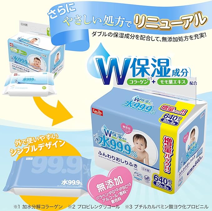 Pure Water Baby Care, 99.9% Pure Water, Fluffy Wipes, 80 Sheets x 8 Pieces (640 Sheets), Collagen, Peach Leaf Extract, W Moisturizing Ingredients, Weak Acidity, Made in Japan - BeesActive Australia