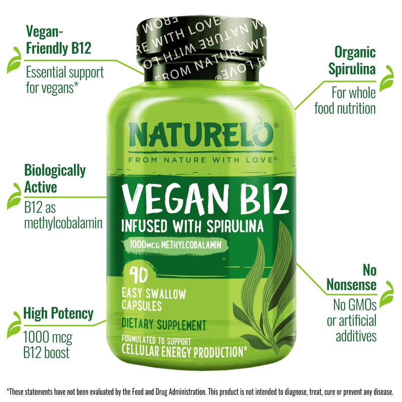 NATURELO Vegan B12 - Methylcobalamin, 90 Capsules | Organic Spirulina, Methyl B12 1000 mcg, Supports Healthy Mood, Energy, Heart & Eye Health, Vitamin B12 1000 mcg Unflavored 90 Count (Pack of 1)