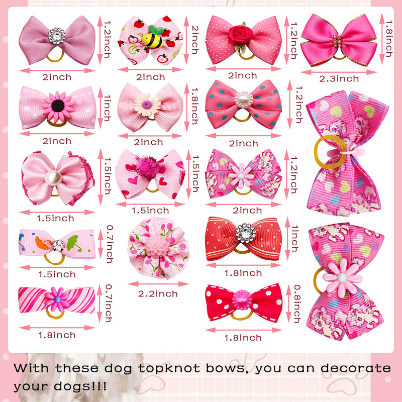 30PCS/15PAIRS Pink Dog Hair Bows with Rubber Bands Puppy Hair Bowknot Top Knot Elastic Radom Pattern for Girl Female Doggy Poodle Pet Animal Grooming Accessories Attachment - BeesActive Australia