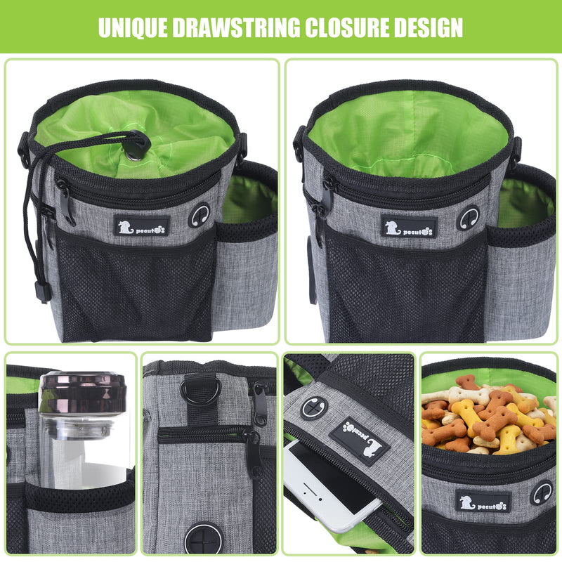 Pecute Dog Treat Pouch, Hands-Free Dog Training Bag with Shoulder Strap Waist Belt Metal Clip and Foldable Bowl, Built-in Poop Bag Dispenser, 3 Ways to Wear Suitable for Training Walking (Grey) Grey + Green Upgrade Large - BeesActive Australia